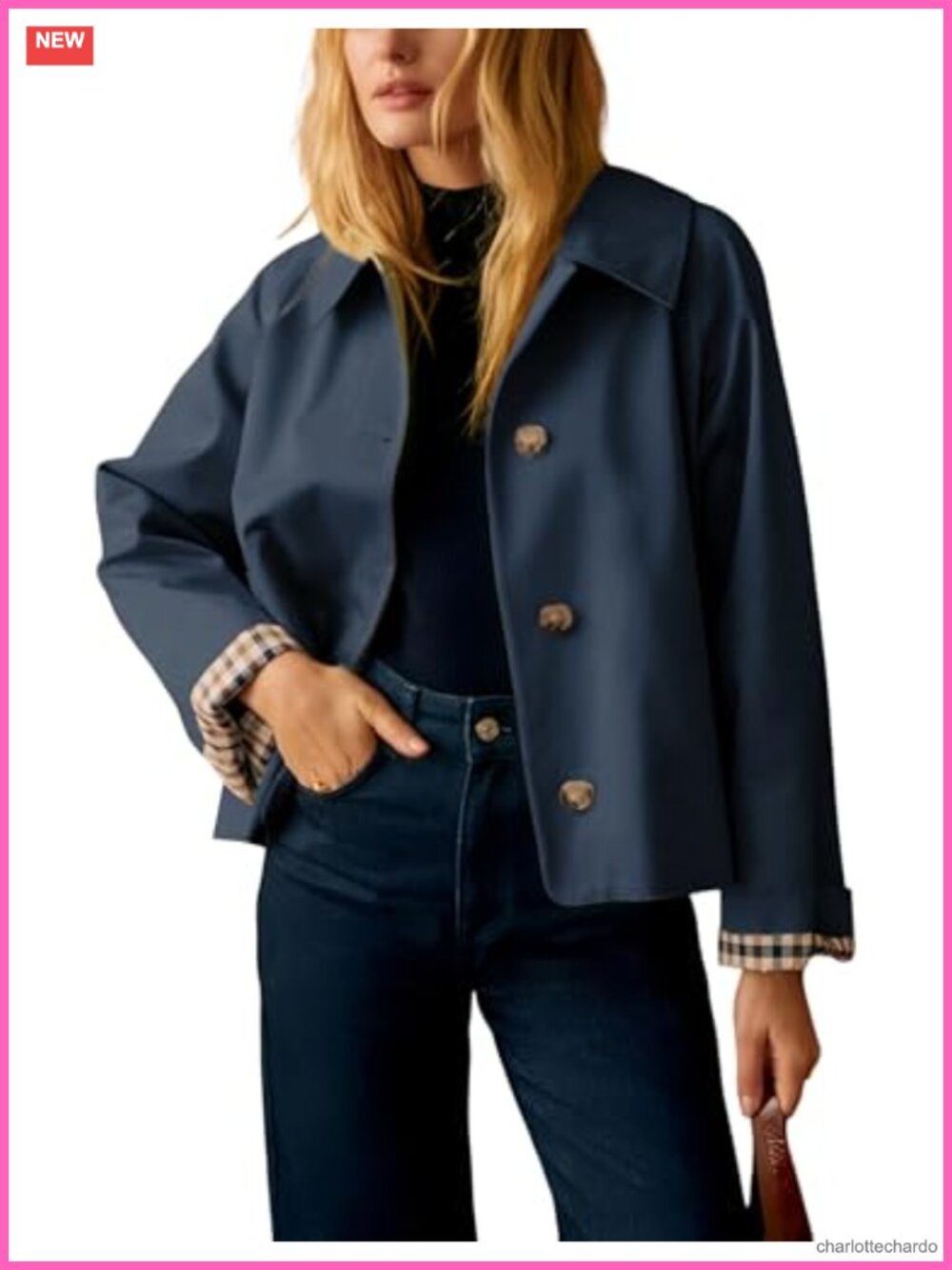 Women's Oversize Trench Coat Cropped Jacket with Checkered Lining